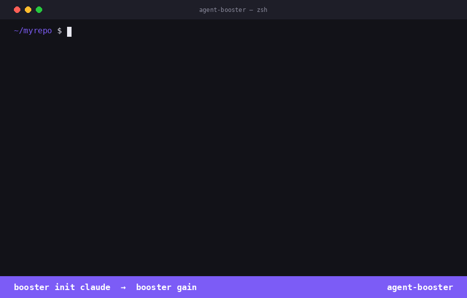 Agent Booster CLI demo: booster init claude then booster gain showing token savings